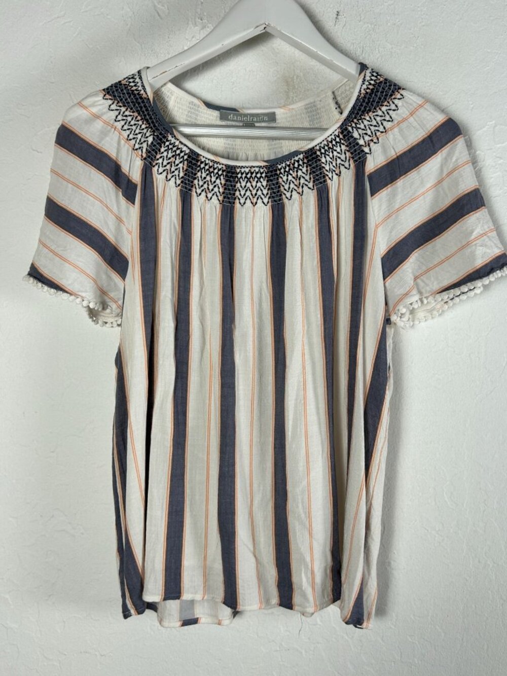 Daniel Rainn Women Striped Smocked Neck Top Blouse Small White/Blue Short Sleeve